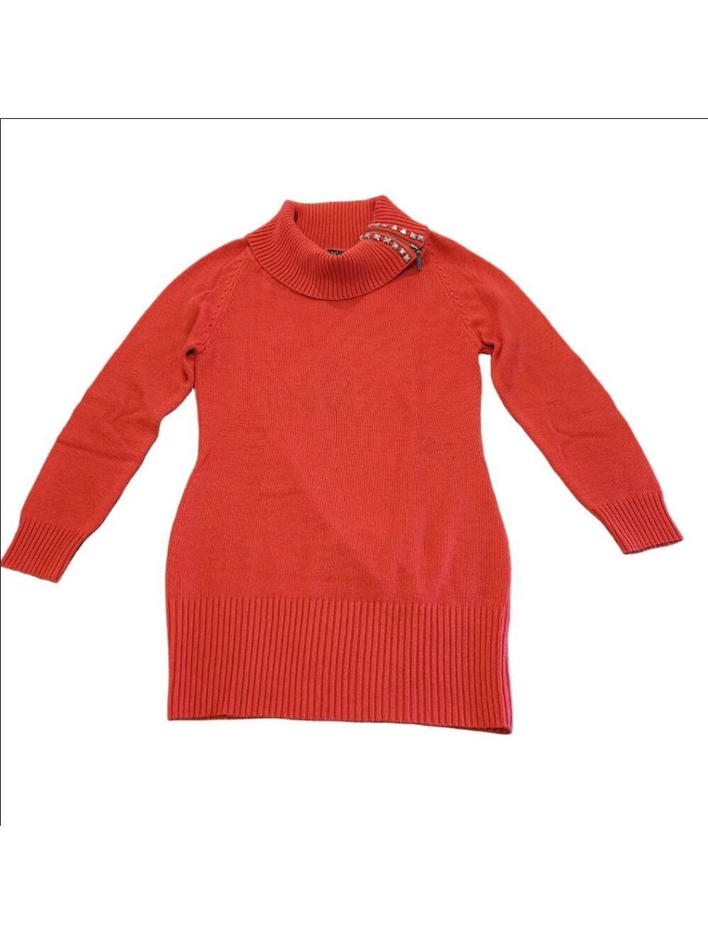 VENUS Red Knit Cowl Neck Sweater Dress with Silver Studs & Zipper, Small
